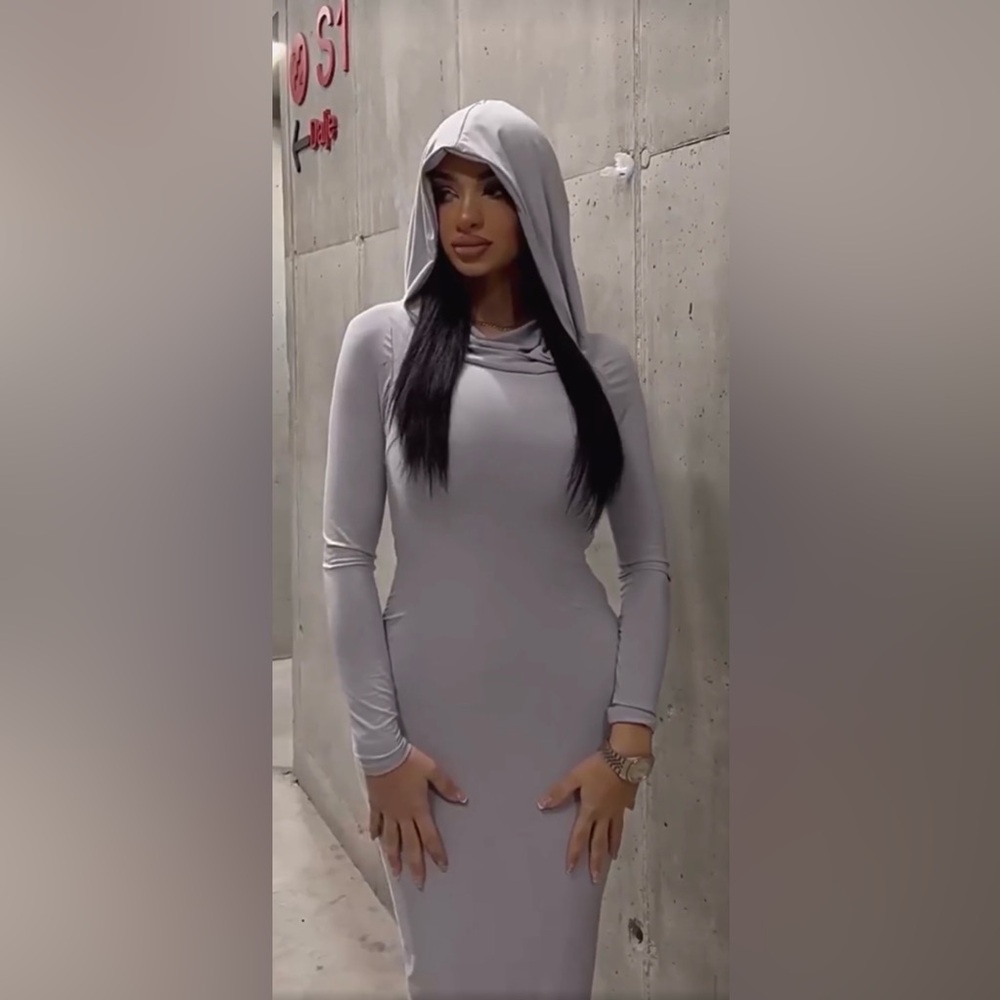 Black hooded bodycon dress long sleeve sexy maxi slit wasteland apocalypse goth - Picture 9 of 10